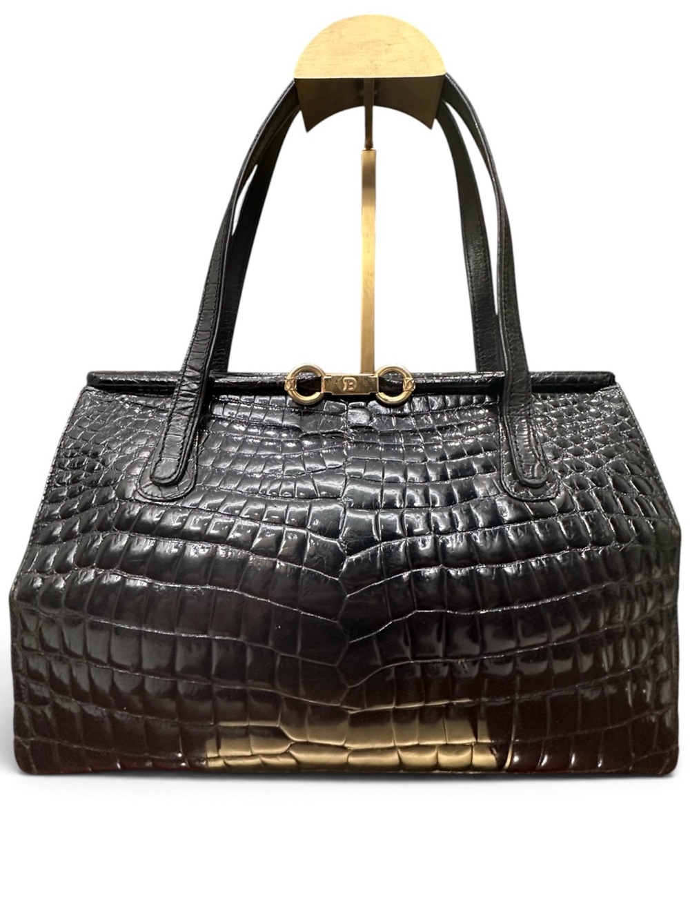 Vintage Bally West Germany Croc Embossed Leather Satchel with Mirror & Kiss Lock